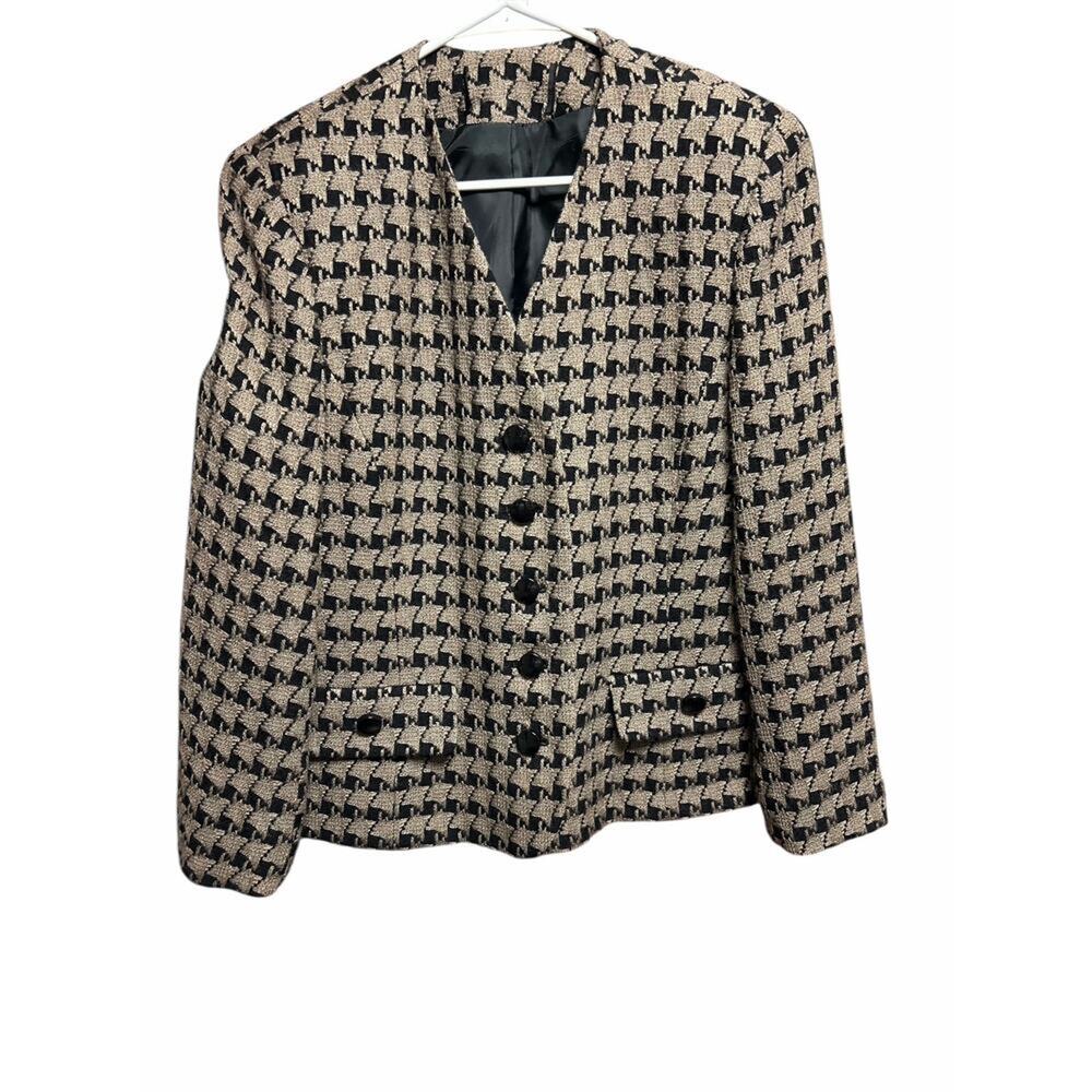 Vintage Classic Tan Black Houndstooth Wool V-Neck Button Down Blazer Size 12
